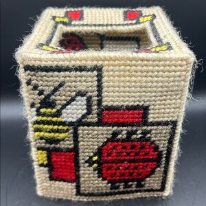 Vintage Hand Stitched Needlepoint Style Bee Ladybug Cottagecore Tissue Box Cover